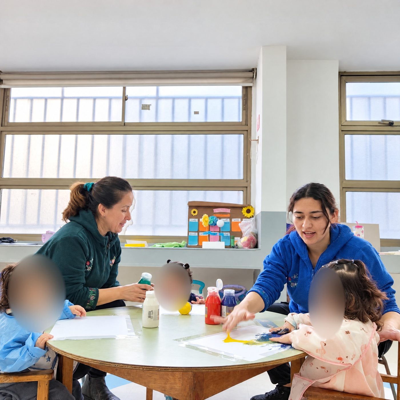 Dos educadoras pintan con niños de sala cuna en una mesa redonda junto a la ventana