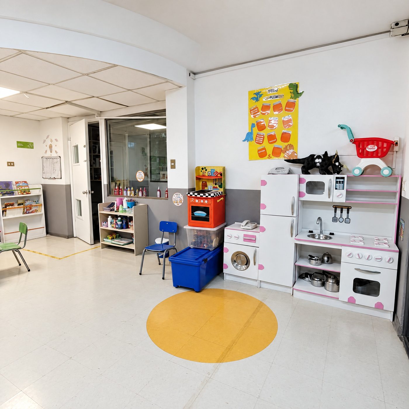 Rincón de la casa con cocinita, refrigerador y lavadora de juguete